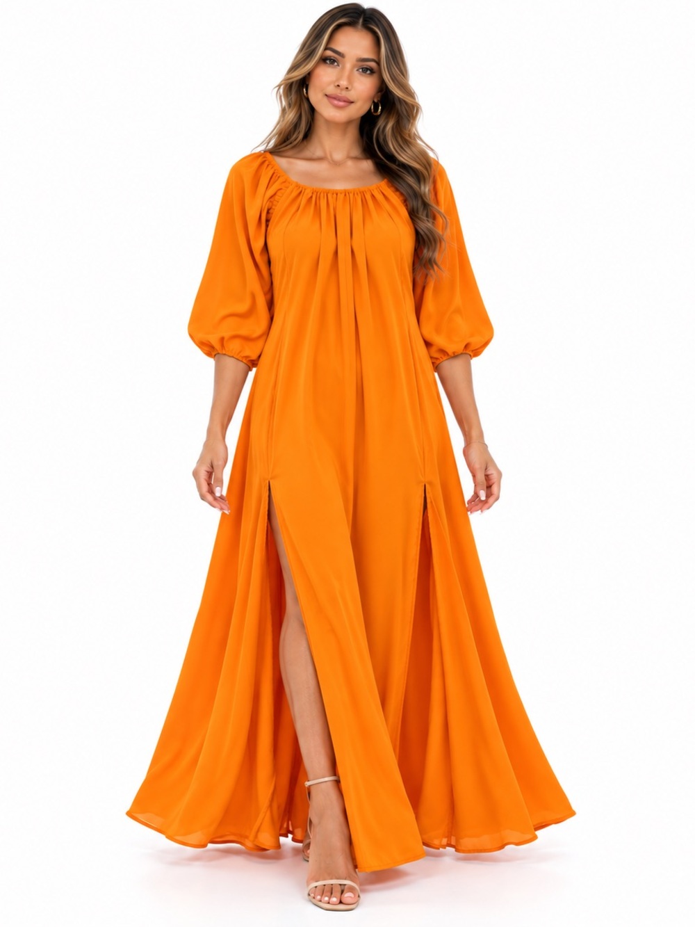 Fashion Nova Orange Maxi Dress with Puff Sleeves